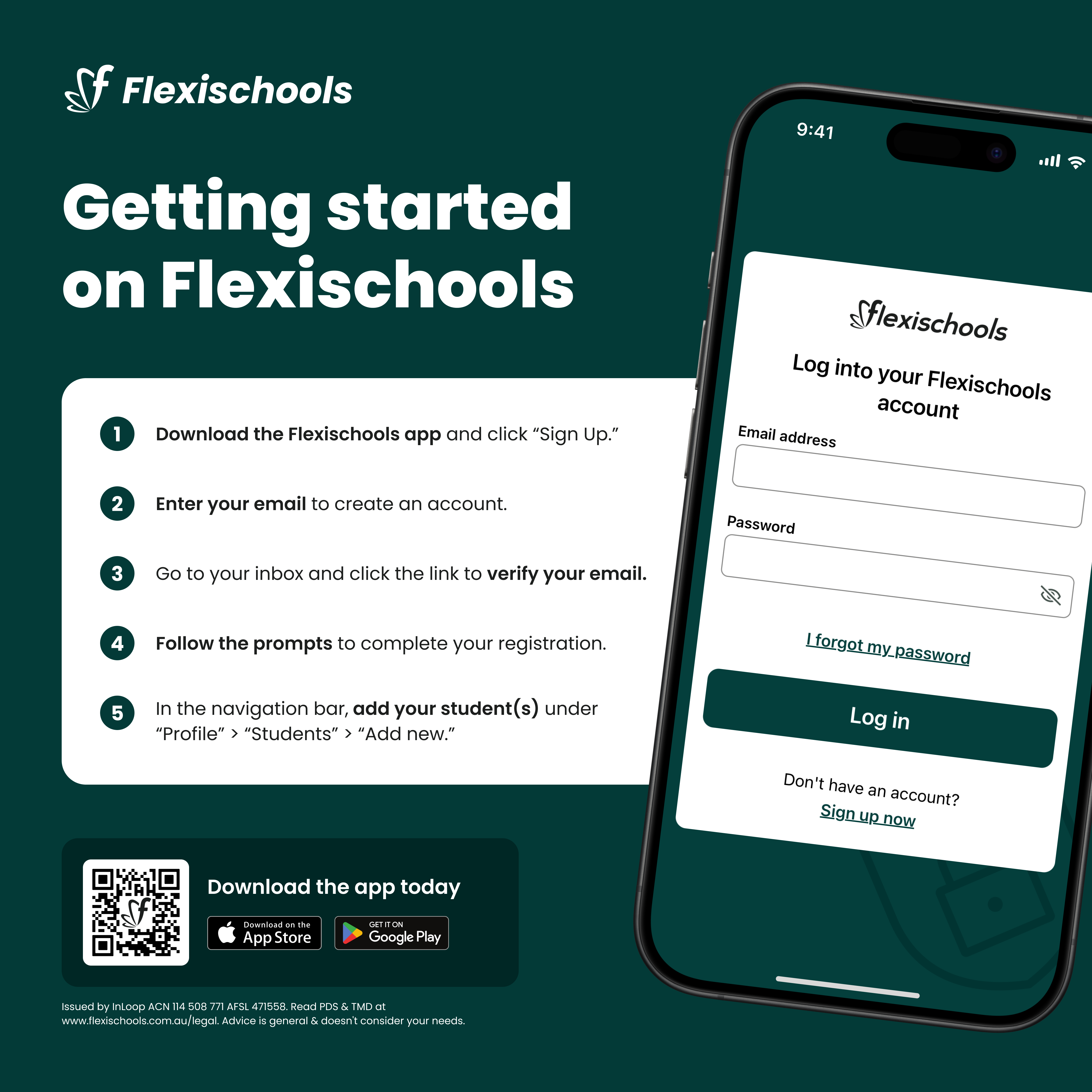 Getting started with Flexischool information brochure and QR code.