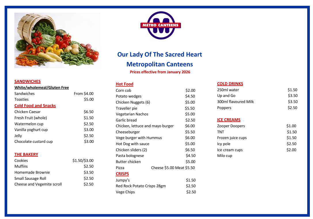 Our Lady of the Sacred Heart Metropolitan Canteen 2026 Menu and Prices