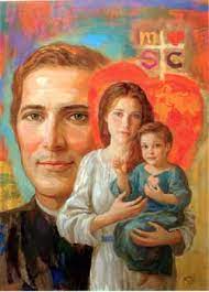 Religious artwork showing a large portrait of a man alongside a woman holding a child, set against a warm, abstract background with symbolic colours.